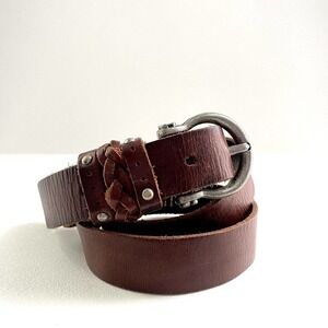 Garnet Hill 81156 Full Grain Brown Leather Belt sz SMALL 33” Silver Tone Buckle
